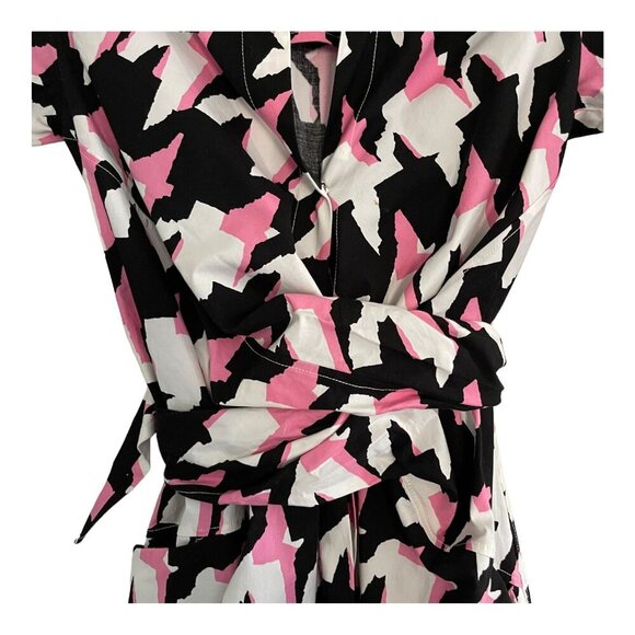 Samantha Sung Pink Black Houndstooth Print Shirt Dress Wrap Belt Pockets Size S - Picture 5 of 11